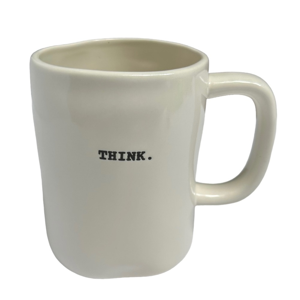 Rae Dunn THINK Mug Coffee Tea White with Black Typewriter Letters NWT 2017 OG